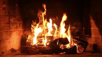 Fire burning in a fireplace, wood logs and flames. Warm home, heat. Christmas holiday - Powered by Adobe