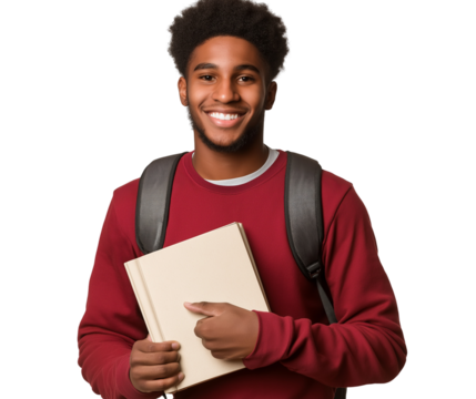 A young, smiling man holding a book a college student in front of a transparent background png