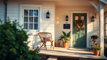 Charming Home Exterior: A Peaceful Porch with Green Door and Lush Plants