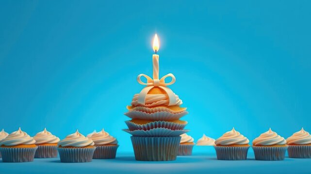 A stack of cupcakes on a blue background with a single lit bow candle in the center, festive kitchenware, baking supplies