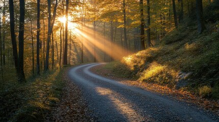 Fototapeta premium Autumn sunrise, forest road, sunbeams, nature, tranquility, background