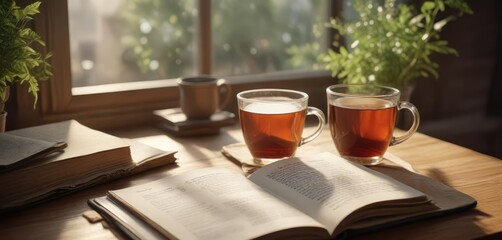 Fototapeta premium A steaming cup of herbal tea sits beside an open book on a sunny table, sunlight, herbal, leather binding