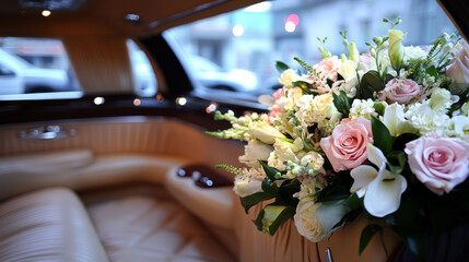 Limousine car rental service retro vintage poster. Vector limo automobile and flowers on wedding or holiday celebration party event