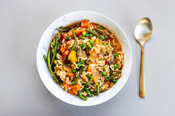 Mediterranean risoni with green beans and mixed vegetables and tomato sauce