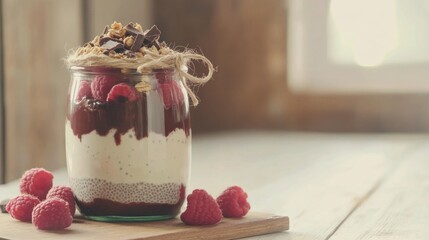 Rustic glass jar filled with layered chia pudding, raspberries, and granola