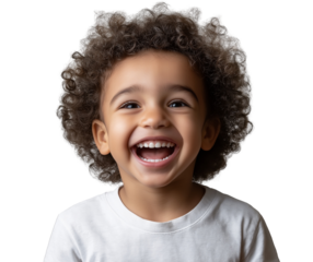  Portrait of a happy mixed-race child with curly hair laughing and isolated on a transparent background png 