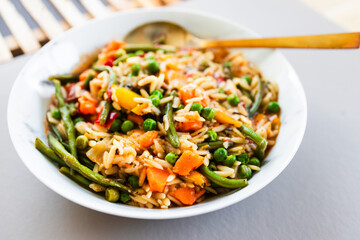Mediterranean risoni with green beans and mixed vegetables and tomato sauce