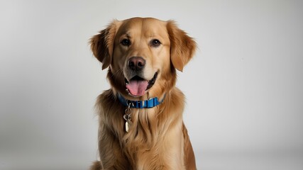AI image depicts a golden retriever with a blue collar, looking directly at the camera, tongue out, against a plain background.