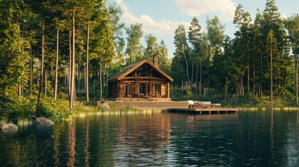 Obraz premium Serene Lakeside Log Cabin Retreat: A Peaceful Escape in the Woods