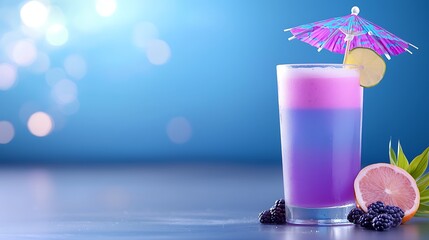 Refreshing Layered Cocktail with Purple and Pink Hues and Summer Fruits