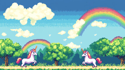 Fantasy Pixel Unicorns And Rainbow