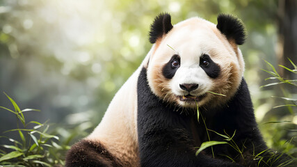 Obraz premium A serene close-up shot of a giant panda bear, enjoying bamboo in its natural habitat with soft, bokeh lighting.