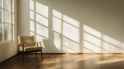 Obraz premium Sunlight streams through a window, casting shadows on a wall in a minimalist room with a single armchair.
