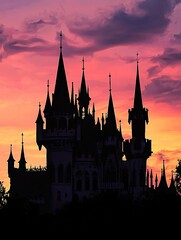Fototapeta premium A castle silhouette at twilight highlights intricate architecture with dark turrets and battlements, creating a mysterious and dramatic atmosphere.