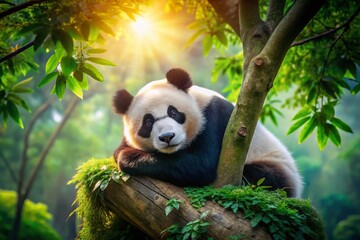 Obraz premium Adorable Giant Panda Napping High in Lush Green Treetop - Wildlife Stock Photo