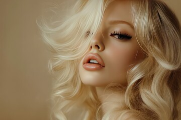 Naklejka premium A classic studio portrait of a blonde woman with cascading locks, wearing minimal makeup and long, dark lashes against a beige background.