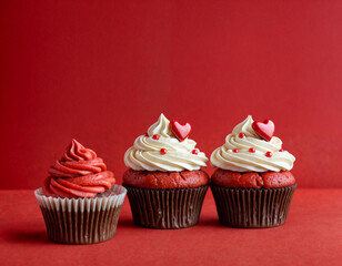 Cupcake love: Heart-themed treats on a vibrant red backdrop with copy space for your Valentines day greetings