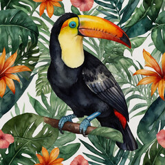 Abstract watercolor Rainforest Toucan Flat Se 0