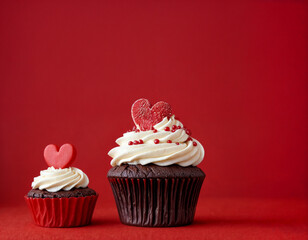 Cupcake love: Heart-themed treats on a vibrant red backdrop with copy space for your Valentines day greetings