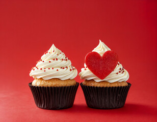 Cupcake love: Heart-themed treats on a vibrant red backdrop with copy space for your Valentines day greetings