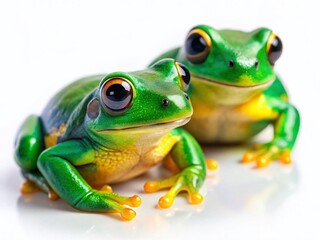Naklejka premium Adorable Green Tree Frogs Litoria Caerulea on White, Tilt-Shift Miniature Photography