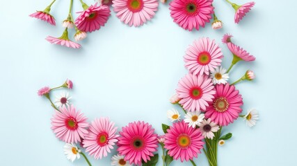 Fototapeta premium A vibrant mix of pink and white flowers such as gerbera daisies and alstroemeria arranged in a modern, geometric pattern against a pale blue background, trendy flowers, bold patterns