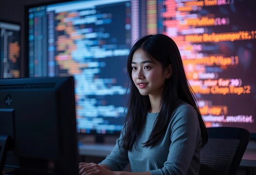 A focused woman programmer in a neon-lit office, working on code displayed on large monitors in a futuristic tech environment.