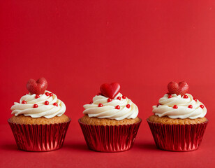 Cupcake love: Heart-themed treats on a vibrant red backdrop with copy space for your Valentines day greetings