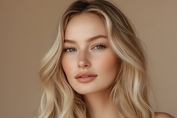Fototapeta premium A classic studio portrait of a blonde woman with cascading locks, wearing minimal makeup and long, dark lashes against a beige background.