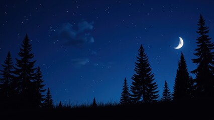 A captivating night scene reveals a dark blue sky adorned with a glowing crescent moon and sprinkled with twinkling stars. Majestic pine trees frame the left and right, enhancing the serene beauty of 