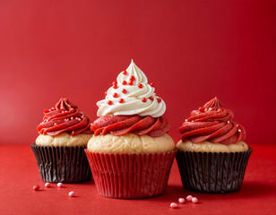 Cupcake love: Heart-themed treats on a vibrant red backdrop with copy space for your Valentines day greetings