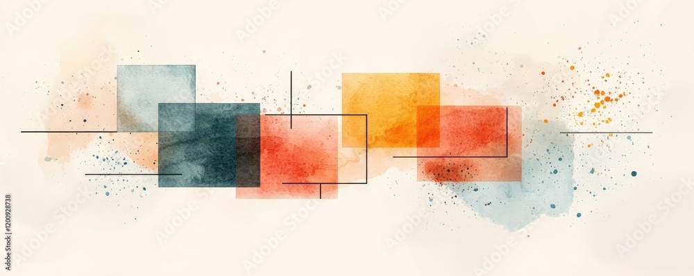 Poster Geometric watercolor concept. Abstract watercolor composition with colorful shapes and lines for modern design projects.