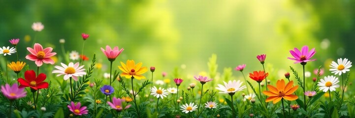 A field of colorful wildflowers with daisies peeking through the greenery, serene, botanical art