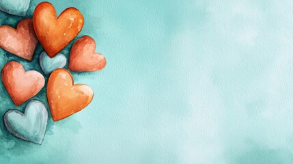 Obraz premium Hearts watercolor idea. Colorful hearts on a soft teal background, symbolizing love and affection.