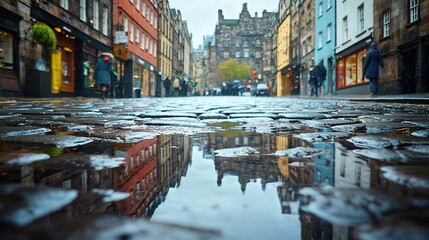 Fototapeta premium Rainy cobblestone street reflection in puddle.
