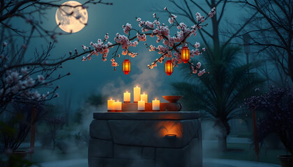 Serene night scene with candles and cherry blossoms under the full moon in a tranquil atmosphere
