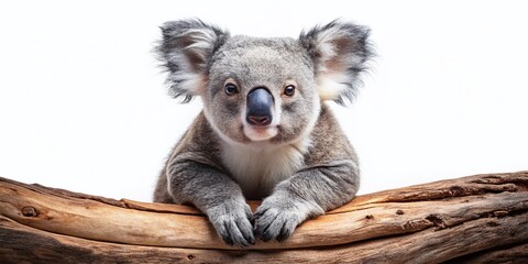 Obraz premium Adorable Koala Bear Sitting on Tree Trunk, Isolated on White Background - Australian Wildlife Stock Photo