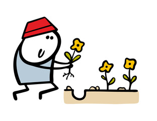 Cartoon happy gardener is on his knees and planting flowers in the ground. Vector illustration of stickman working in garden with plants. Spring nature. Doodle character isolated on white background.