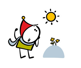 Child in winter clothes saw the first flowers. Vector illustration of stickman admiring plants in a snowdrift. Sun is shining brightly. Doodle character isolated on white background.