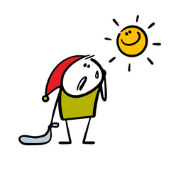 Fototapeta premium Unhappy Christmas elf in a red hat stands and looks at the bright sun. Vector illustration, spring, empty bag and drops of sweat. Stickman suffers from heat. Doodle character isolated on white.