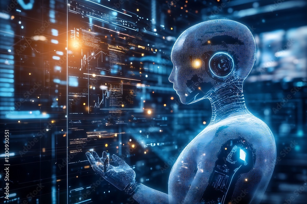Aufkleber Futuristic AI Robot Interface with Digital Data Screens Displaying Advanced Technology : Generative AI