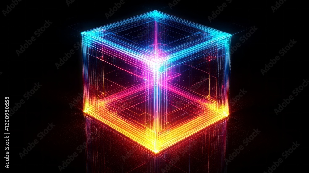 Poster A stunning neon cube dazzles with radiant colors as it fades into a smooth gradient of light, creating an enchanting visual experience filled with energy and depth