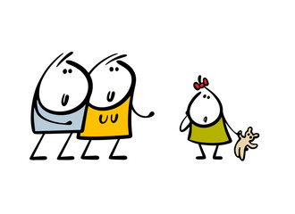 Married couple meets a child. Vector illustration of a man and a woman adopting a girl. An adopted daughter with a soft toy looks incredulously at adults. 