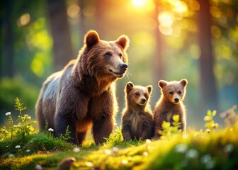 Obraz premium Adorable Miniature Mama Bear and Cubs in Forest - Tilt-Shift Photography Wallpaper