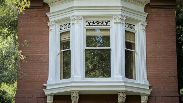 Bay window with ornate details on a historic brick house surrounded by greenery on a sunny day