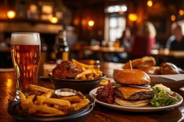 hamburgers and beer on wooden table in urban pub 