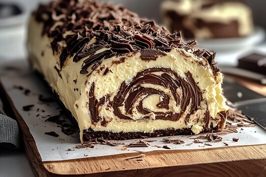 Delicious Chocolate Cream Roll Cake with Rich Swirls and Chocolate Shavings : Generative AI