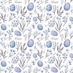 Fototapeta premium Delicate blue floral pattern featuring Easter eggs and spring motifs on a white background