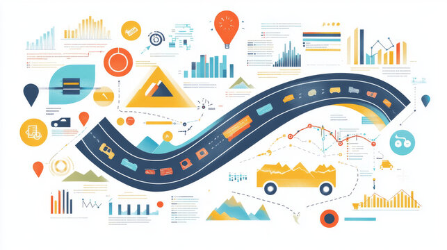 Road construction infographic design. Twisted road with graph, chart and diagram of road building, repair, safety, design, ecology and quality per country with icons of car, highway and map pointers.