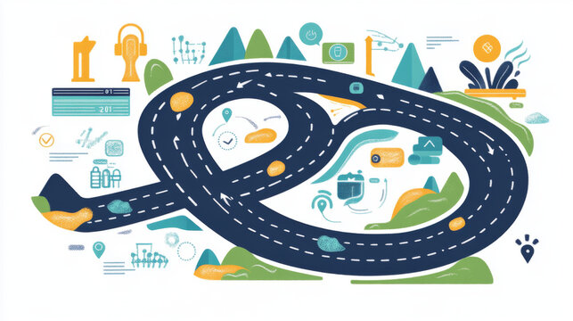 Road construction infographic design. Twisted road with graph, chart and diagram of road building, repair, safety, design, ecology and quality per country with icons of car, highway and map pointers.